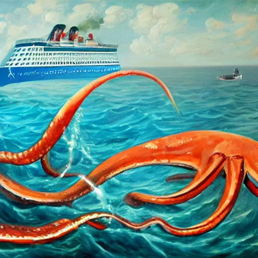 Image similar to A giant squid destroying a cruise ship in the middle of the ocean, oil painting