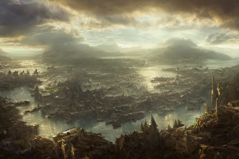 Image similar to high aerial shot, fantasy landscape, sunset lighting ominous shadows, cinematic fantasy painting, dungeons and dragons, a charming port town, harbor, bay by jessica rossier and brian froud and hr giger