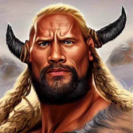 Image similar to dwayne johnson as viking with long beard, portrait, behance hd artstation, style of jesper ejsing