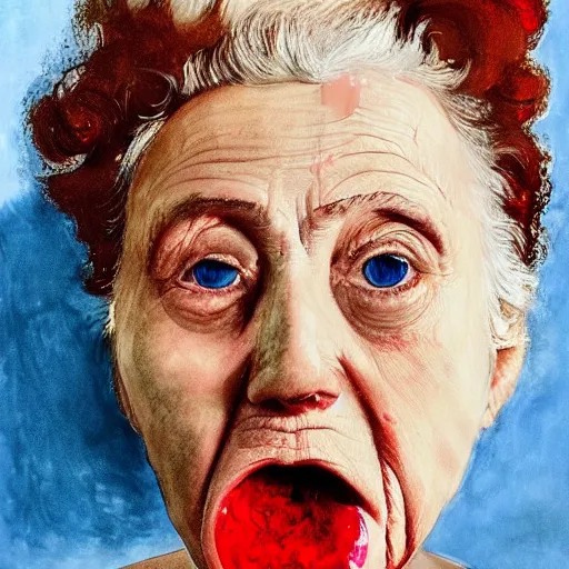 Image similar to a very funny fellini cinematic style. of a sweet fat old woman kissing her reflection. symmetrical face, red mouth, blue eyes. a flowered dress. a hyper - realistic scene. 3 d, octane processing, deep focus, white scene. a very funny and sweet scene. unreal engine. watercolor. freud painting style