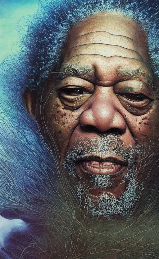 Prompt: ultrawide angle colour masterpiece surreal closeup portrait photography of morgan freeman playing on stage by miho hirano and annie leibovitz and michael cheval, weird surreal epic psychedelic complex biomorphic 3 d fractal landscape in background by kilian eng and roger dean and salvador dali and beksinski, 8 k