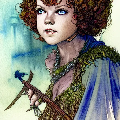 Image similar to a realistic and atmospheric watercolour fantasy character concept art portrait of adult shirley temple as a druidic warrior wizard looking at the camera with an intelligent gaze by rebecca guay, michael kaluta, charles vess and jean moebius giraud