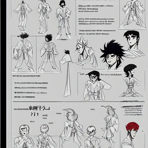 Prompt: pose reference sheet for a handsome young wizard with long, black hair, art by osamu tezuka, manga art