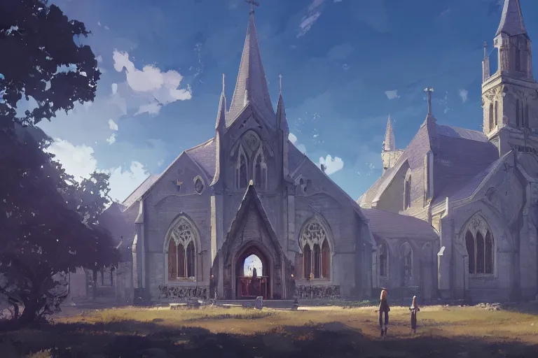 Image similar to concept art of a huge church with chain drive aka churchtank in an open field, key visual, ambient lighting, highly detailed, digital painting, artstation, concept art, sharp focus, by makoto shinkai and akihiko yoshida and hidari and greg manchess