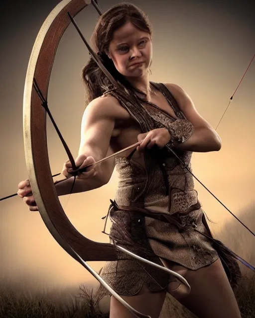 Prompt: photo of world, full body, women with a bow and arrow, female archer, warrior, realistic face