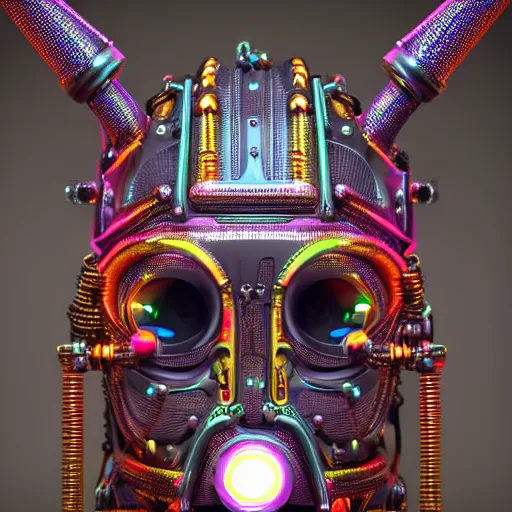 Prompt: portrait of a glossy claymodel of a steampunk aztec futuristic robot head, top of the head is covered with wires and multicolored glowing tubes, 8 k, front shot, symetrical, flourescent colors, halluzinogenic, multicolored, insanely detailed, 3 d render, octane