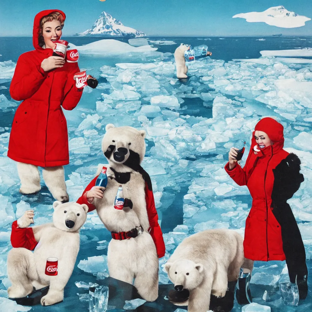 Image similar to woman wearing a parka drinking a bottle of coke in front of an icy polar landscape, polar bear in the far background, coka-cola advertisement, pinup style, retro ad, print advertising, 1960's