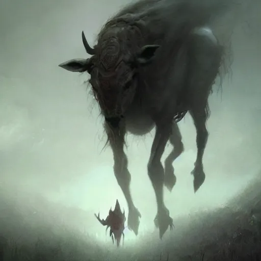 Prompt: a creepy atmospheric painting of a slender humanoid minotaur creature emerging from the mist. painting by greg rutkowski.