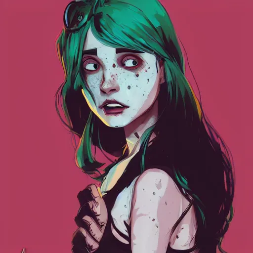 Prompt: Highly detailed portrait of pretty post-cyberpunk zombie young lady with, freckles and beautiful hair by Atey Ghailan, by Loish, by Bryan Lee O'Malley, by Cliff Chiang, inspired by image comics, inspired by graphic novel cover art, inspired by izombie, inspired by scott pilgrim !! Gradient green, black and white color scheme ((grafitti tag brick wall background)), trending on artstation