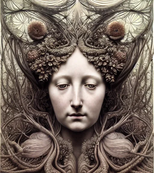 Prompt: detailed realistic beautiful botanical goddess face portrait by jean delville, gustave dore, iris van herpen and marco mazzoni, art forms of nature by ernst haeckel, art nouveau, symbolist, visionary, gothic, neo - gothic, pre - raphaelite, fractal lace, intricate alien botanicals, ai biodiversity, surreality, hyperdetailed ultrasharp octane render