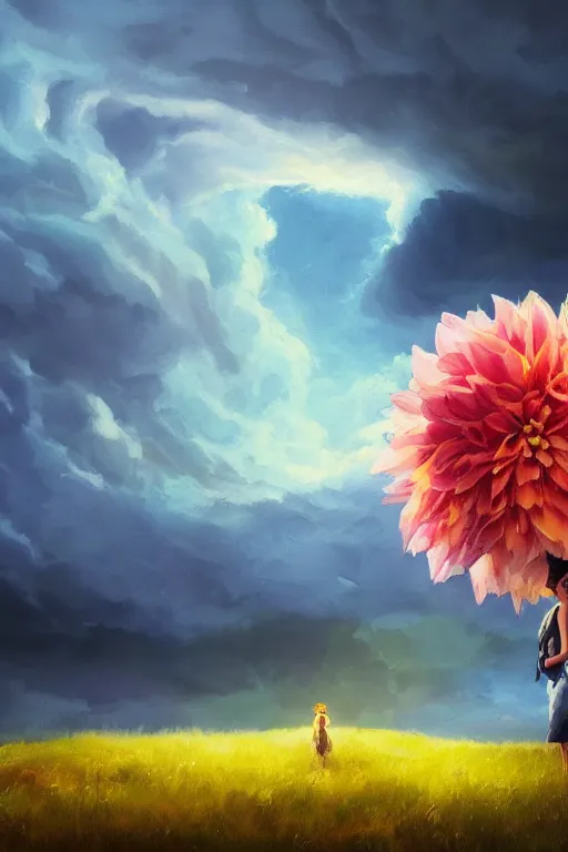 Image similar to closeup girl with giant dahlia flower as head, standing on mountain, surreal photography, blue storm clouds, dramatic light, impressionist painting, digital painting, artstation, simon stalenhag