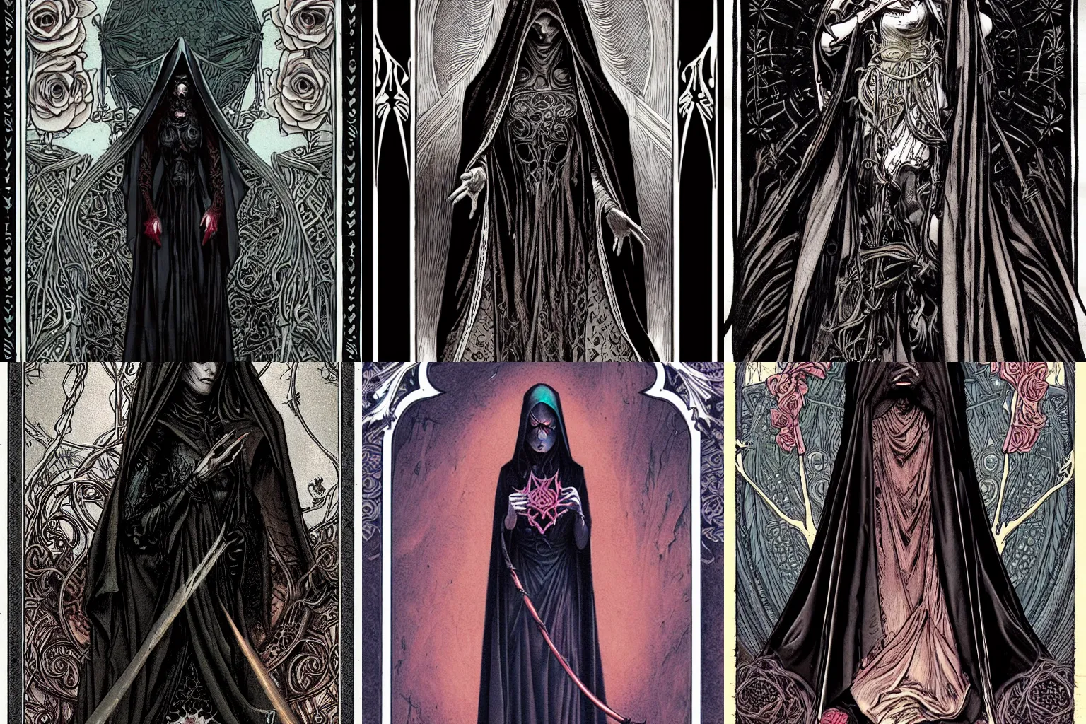 Prompt: Cloaked Gothic Female as the death tarot card by James Jean and Gerald Brom, Tarot Card, occult, iconography, intricate border designs, Artstation