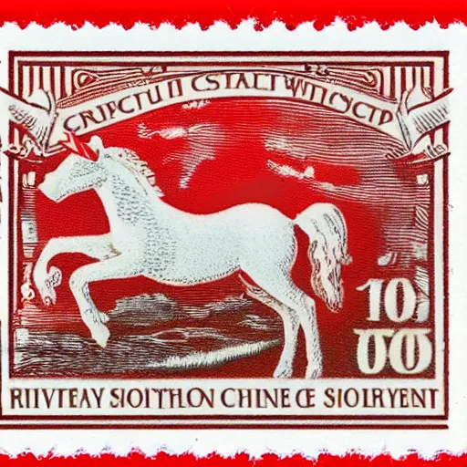 Prompt: A red and white postage stamp featuring a unicorn