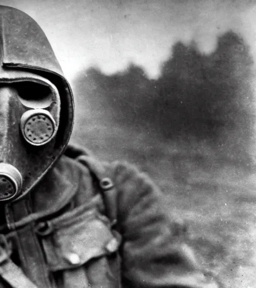 Image similar to a man wearing primitive hooded gas mask at distance, ww1 film photo, grainy, high detail, high resolution