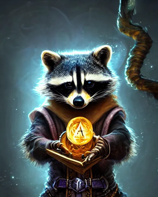 Image similar to closeup 2 8 mm anthropomorphic warlock raccoon casting a spell in a castle, d & d, fantasy, intricate, action pose, particle effects, highly detailed, digital painting, artstation, concept art, matte, sharp focus, volumetric lighting, illustration, hearthstone, art by artgerm, wlop, greg rutkowski and alphonse mucha