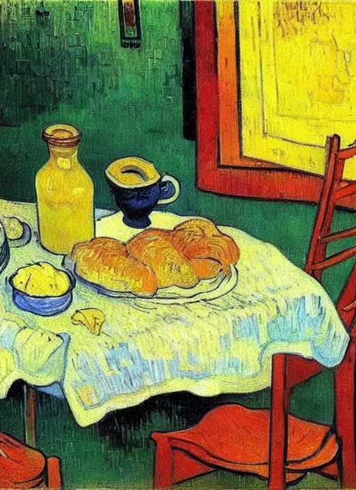 Prompt: good morning, artist painting on a canvas showing breakfast, painting by vincent van gogh, paul gauguin