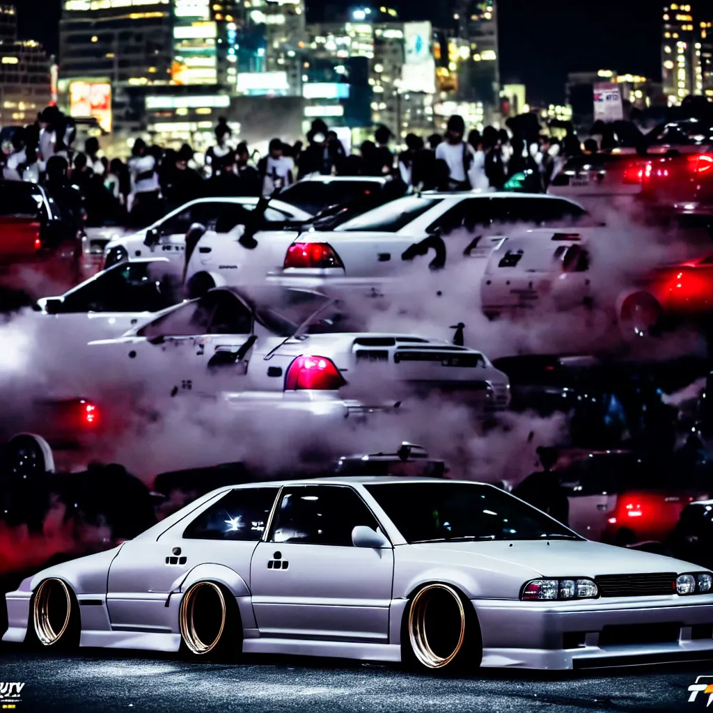 Image similar to a car JZX100 twin turbo drift at illegal car meet, Shibuya prefecture, city midnight mist lights, cinematic lighting, photorealistic, highly detailed wheels, high detail