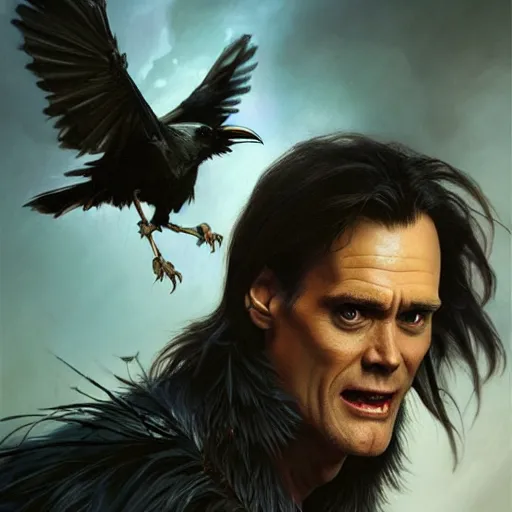 Image similar to jim carrey controlling evil ravens, demonic, evil, satanic, intricate, highly detailed, digital painting, artstation, concept art, smooth, sharp focus, illustration, unreal engine 5, 8 k, art by artgerm and greg rutkowski and alphonse mucha