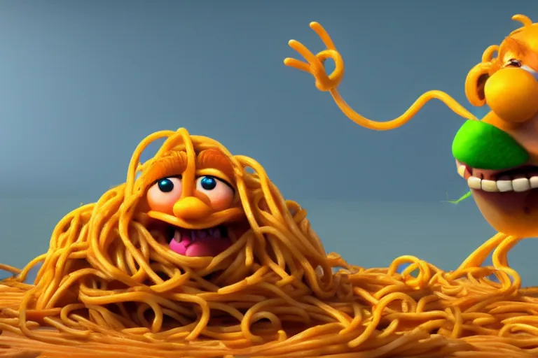 Prompt: still from a Pixar movie of The Spaghetti Monster, high quality 3d render, movie, Pixar, Renderman, 4k, artstation