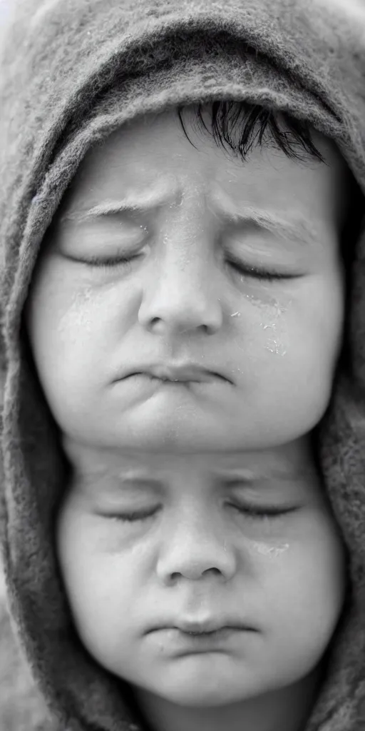 Image similar to High resolution black and white portrait with a 35mm F/5.0 lens of a single child, single head, from Soviet Russia with eyes closed with a sorrowful face about to cry.