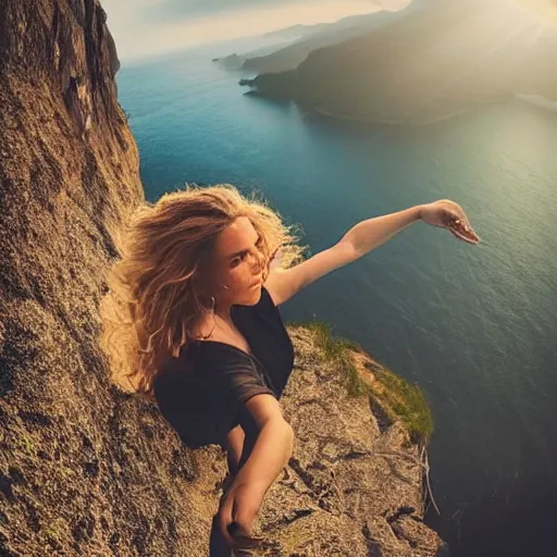 Image similar to Selfie of a beautiful woman with gorgeous flowy hair, standing over a cliff, beautiful volumetric lighting, subsurface scattering, (((((vivid))))) atmosphere, radiant sunshine, trending on artstation, 4k, 8k, artstation portrait imagery, fisheye!!!!! lens, instagram!!!!! selfie!!!!!