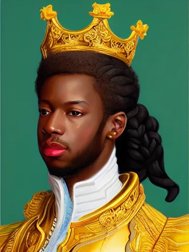 Image similar to rococo portrait of a black prince wearing a golden crown with pastel flowers, symmetrical, realistic, 8 k, artstation, digital painting, art by krenz cushart, kehinde wiley, artgem