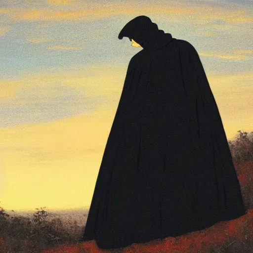 Image similar to man with a black cape, on a hill, sunrise