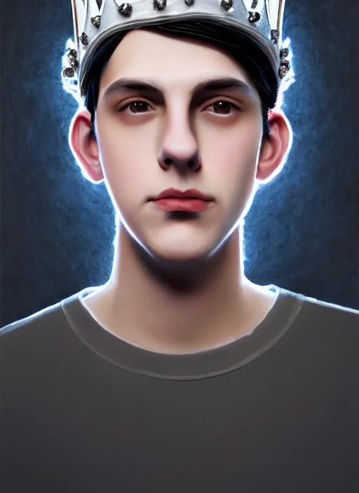 Image similar to portrait of teenage jughead jones wearing a light grey crown, photorealistic, crown made of felt fabric, crown, crown made of felt, black hair, intricate, elegant, highly detailed, digital painting, glowing lights, artstation, concept art, smooth, sharp focus, illustration, art by wlop, mars ravelo and greg rutkowski