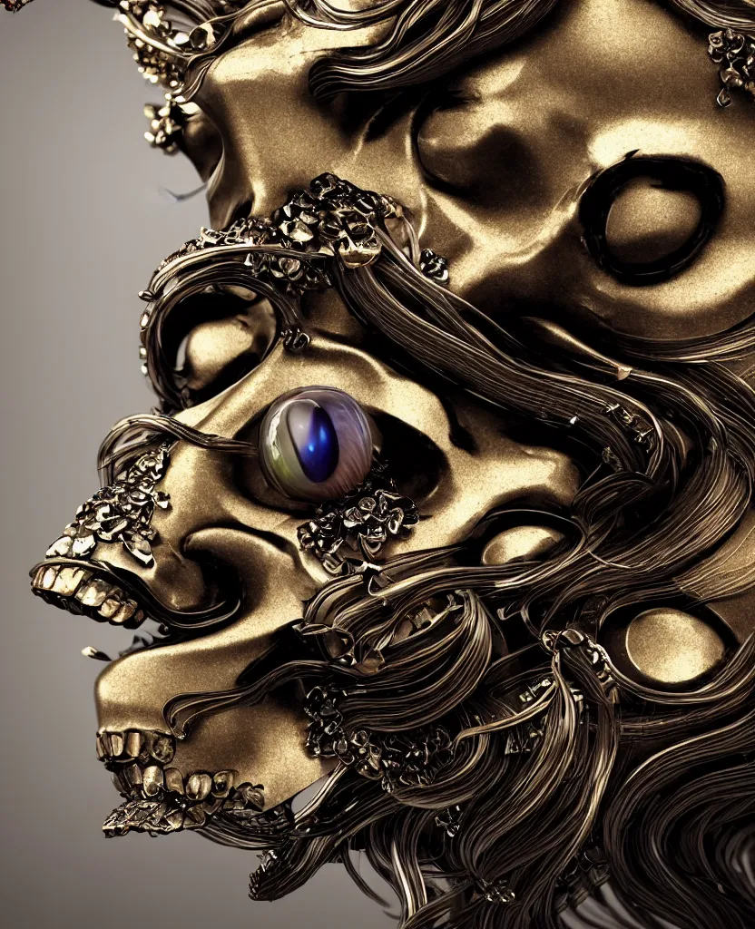 Image similar to goddess princess face close-up portrait ram skull. sculpture made of polished gold and matte obsidian. jellyfish phoenix head, nautilus, orchid, skull, betta fish, bioluminiscent creatures, intricate artwork by Tooth Wu and wlop and beeple. octane render, trending on artstation, greg rutkowski very coherent symmetrical artwork. cinematic, hyper realism, high detail, octane render, 8k