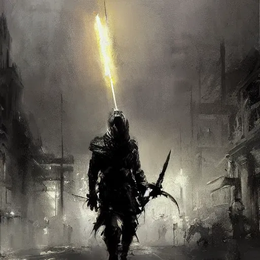 Prompt: knight holds sword made of lightning enemies everywhere, realistic, ultrahd, jeremy mann painting