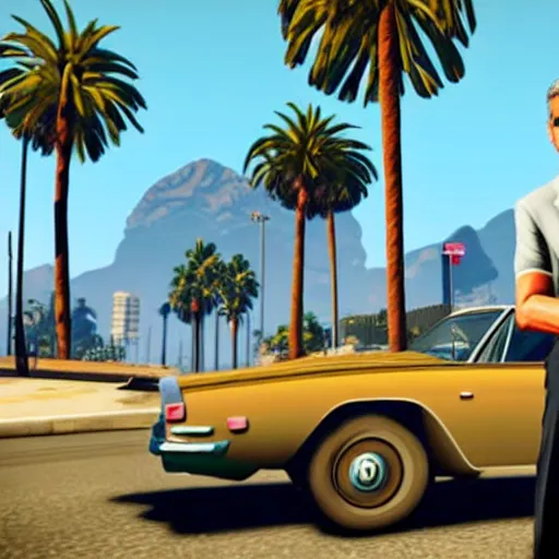 Image similar to george clooney in gta v. los santos in background, palm trees in the art style of stephen bliss