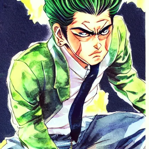 Image similar to young boy angry, pompadour hairstyle, art by hirohiko araki, jotaro kujo, action pose, manga cover, watercolor