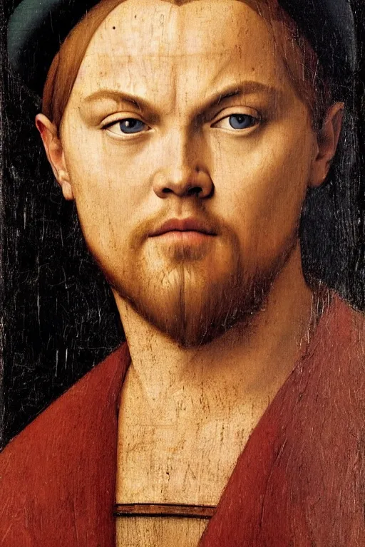 Image similar to 1 4 0 0 s renaissance portrait of leonardo dicaprio oil painting by jan van eyck, northern renaissance art, oil on canvas, wet - on - wet technique, realistic, expressive emotions, intricate textures, illusionistic detail