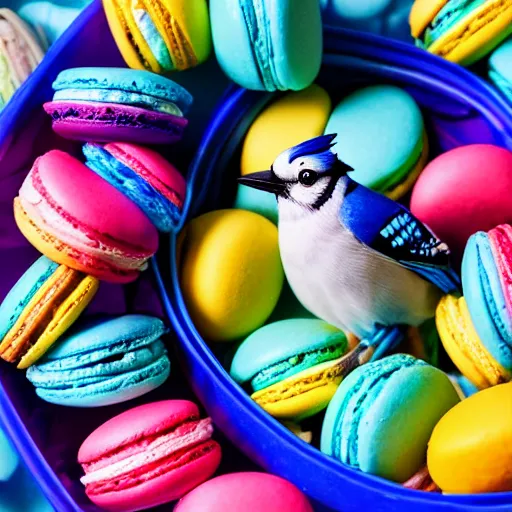 Image similar to A blue jay standing on a large basket of rainbow macarons.