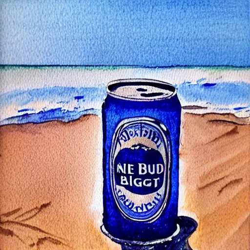 Image similar to can of bud light sittin in the sand on the beach, detailed, watercolor, sunset