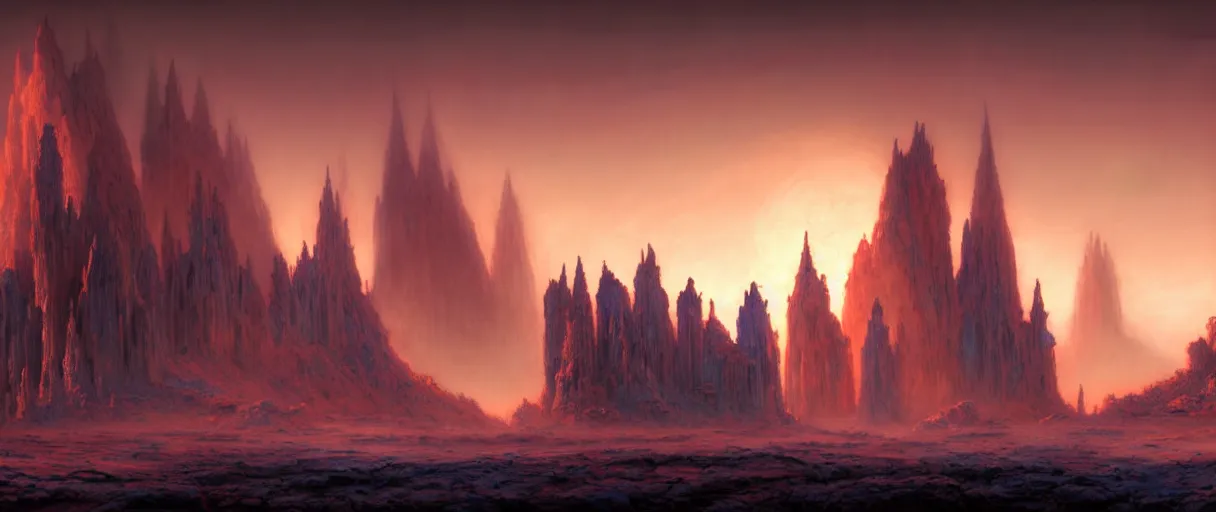 Prompt: hyperrealistic hyper detailed sunrise shot of neo-gothic monastery on mars surrounded by giant blue trees matte painting concept art maciej kuciara gustave courbet very cinematic orange lighting high angle hd 8k sharp shallow depth of field