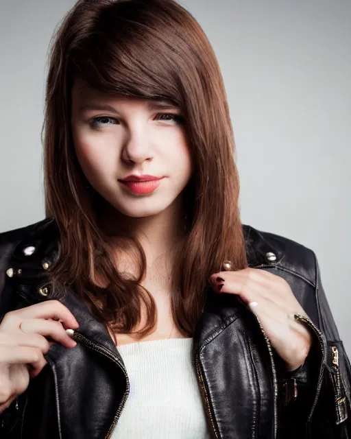 Image similar to young woman in her 20s, she wears a leather jacket and boots, full body shot, taken by a nikon, very detailed face