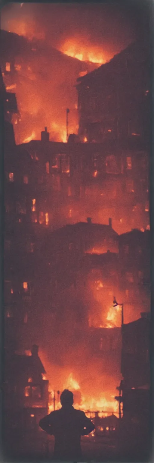 Image similar to detailed medium format photo, polaroid still from a scandinavian movie, sleazy man watching night streets while a single house burns in the background, haze, high production value, intricate details, 8 k resolution, hyperrealistic, hdr, photorealistic, high definition, tehnicolor, award - winning photography, masterpiece, amazing colors