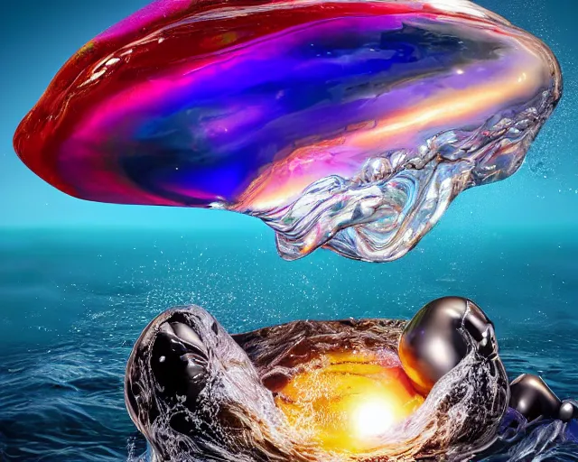 Image similar to a giant sculpture of the birth of the universe on the ocean water, in the style of jeff koons, award winning, cinematic, hyper - realistic, very detailed, realistic water splashes, ray tracing, 8 k resolution, long - shot, sharp focus, low angle, 8 5 mm photograph, wide lens