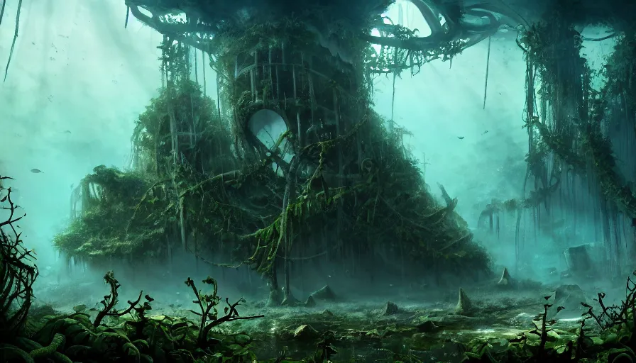 Image similar to giant skeleton in underwater ruins, vines, forest, hyperrealistic, highly detailed, cinematic, single ray, dark, beautiful, cgssociety, artstation, 8 k, oil painting