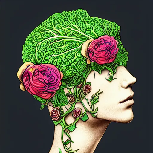 Image similar to the anatomy of a head of lettuce with roses that resemble a beautiful woman, an ultrafine detailed illustration by james jean, intricate linework, bright colors, final fantasy, behance contest winner, vanitas, angular, altermodern, unreal engine, global illumination, radiant light, detailed and intricate environment