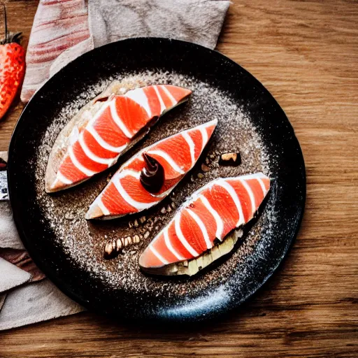 Image similar to toast with nutella and a entire raw fish, food photography, 5 0 mm f / 1. 6, bokeh, sigma lens, elegant