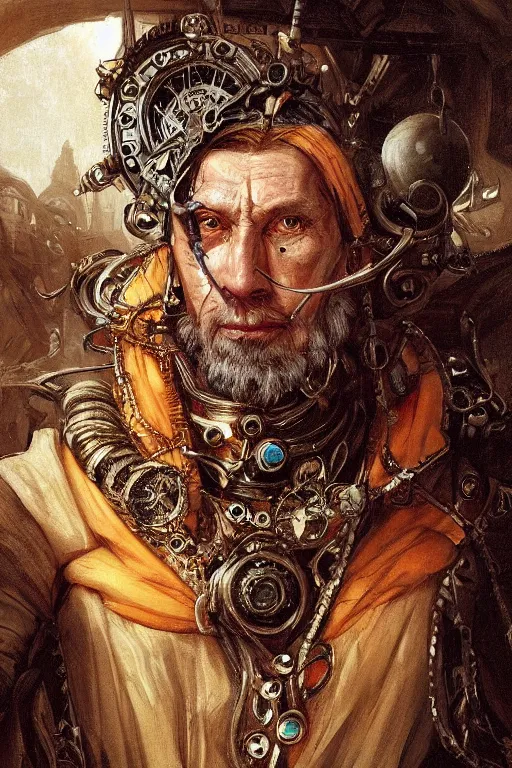 Prompt: portrait, headshot, digital painting, of a old 17th century, old cyborg merchant, amber jewels, baroque, ornate clothing, scifi, futuristic, realistic, hyperdetailed, chiaroscuro, concept art, art by Waterhouse