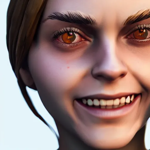 Image similar to textured film grain big eyes subsurface scattering fashion model face smiling laughing squinting emma watson as a fortnite character cgsociety octane render unreal engine redshift render trending on artstation trending on artstation render blender behance cg superhero