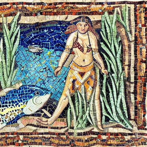 Prompt: roman mosaic of sea with fish and mermaid on a cave wall