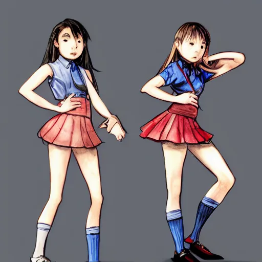 Image similar to a perfect, realistic professional digital sketch of a videogame, two Japanese schoolgirls posing, in style of Marvel, full length, by pen and watercolor, by a professional American senior artist on ArtStation, a high-quality hollywood-style sketch, on high-quality paper