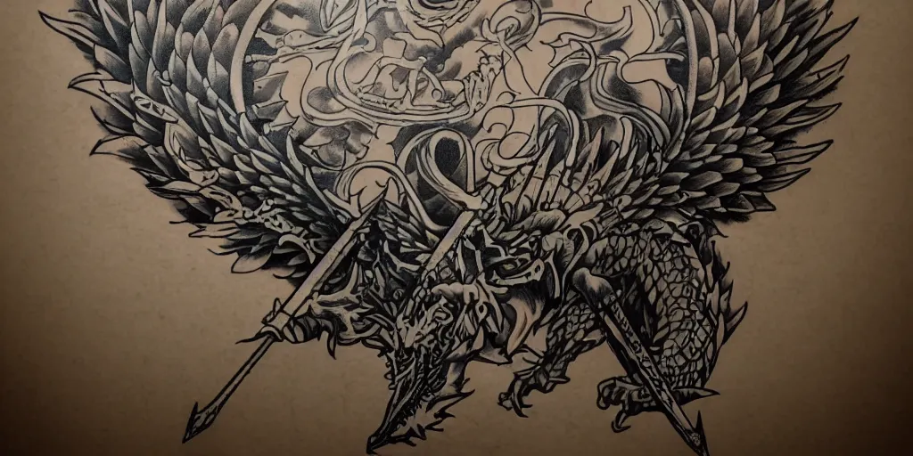 Prompt: A simple yet detailed illustration in the style of a tattoo, depicting a plated knight, holding a lance, facing the horizon where there is a three headed game of thrones western dragon with large wings, 4k