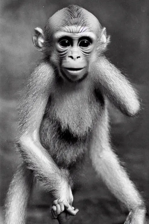 Image similar to horrifying failed soviet experiment, baby monkey hybrid, disturbing, vintage photo