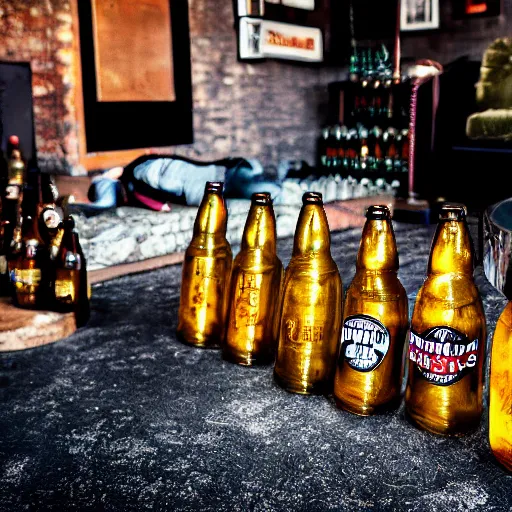 Image similar to batman lying on the floor in a pub surrounded by beer bottles, 8 k photography, golden hour