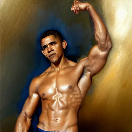 Image similar to detailed realistic cinematic wide shot of beautiful attractive muscular barack obama doing zyzz pose with gold chain wearing blue bath robe slim face symettrical face clean skin black eyes black robe smooth, sharp focus, ultra realistic, spring light, painting by gaston bussiere, craig mullins, j. c. leyendecker